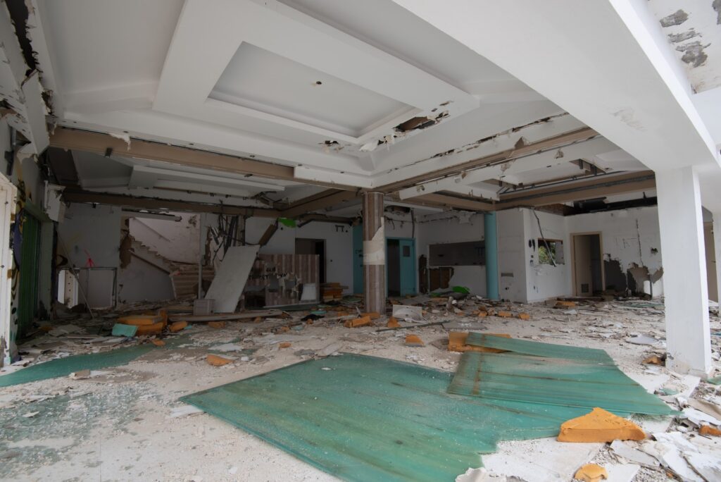 interior of a derelict-building walls and rubble