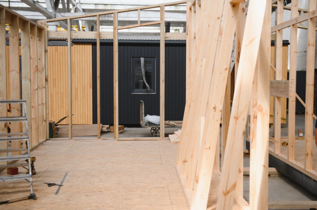 new construction underway with wood framing and ma